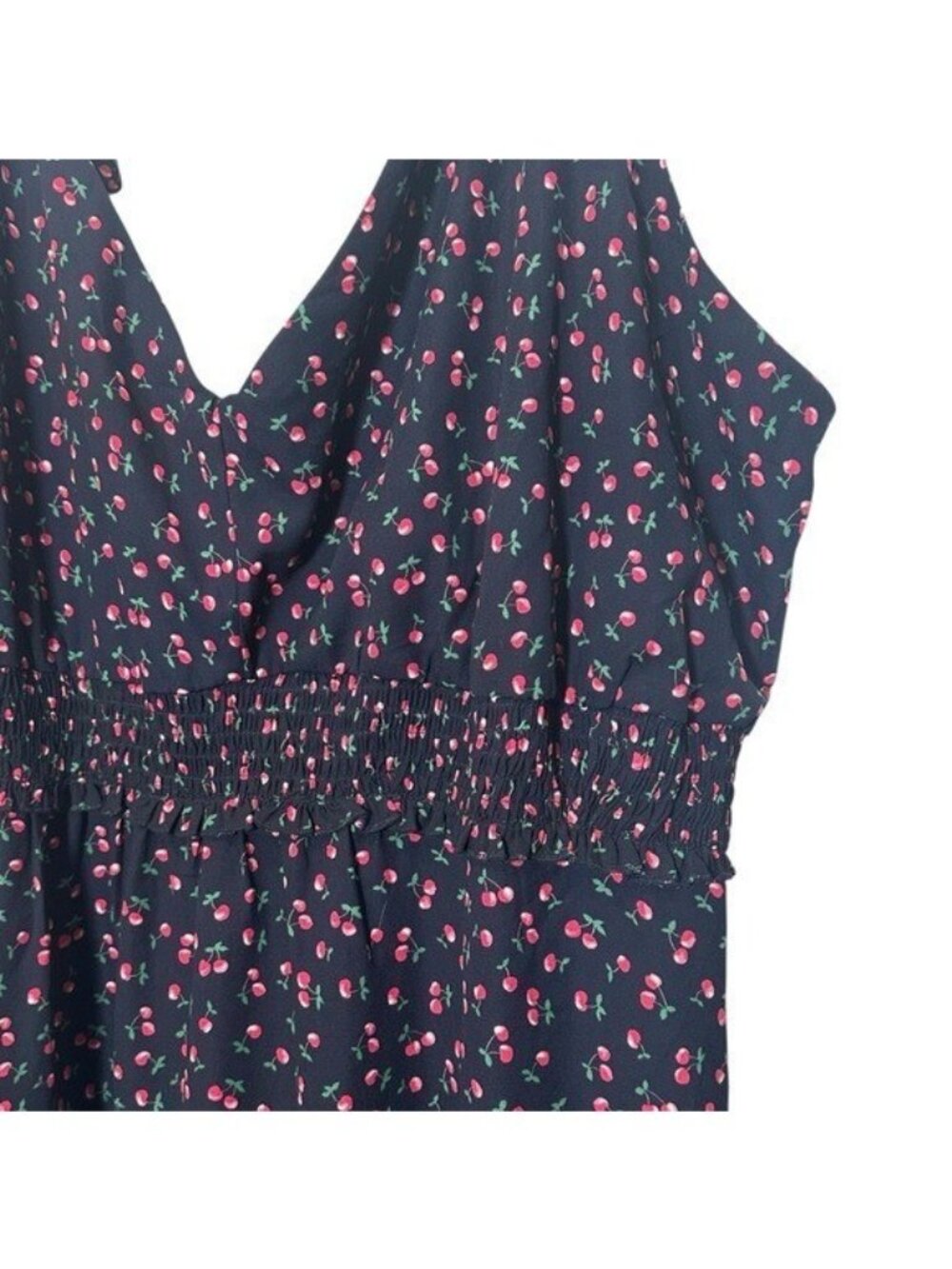Arula Womens 3X Midi Dress Navy Cherry Print Smocked Tiered Ruffle Strappy - Picture 3 of 9